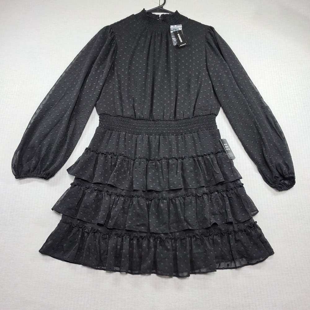 NWT Express Black Swiss Dot Mini Ruffled Sheer Sleeve Dress Size M Whimsigoth